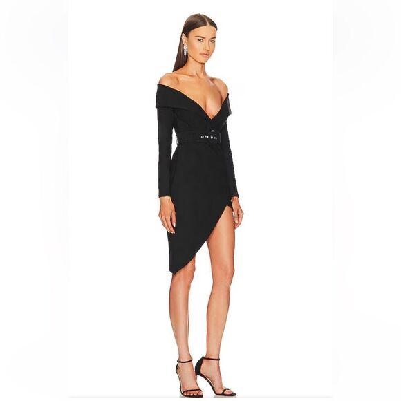 Michael Costello x Revolve Marci Dress black stretch mini off shoulder belted S - Picture 2 of 9